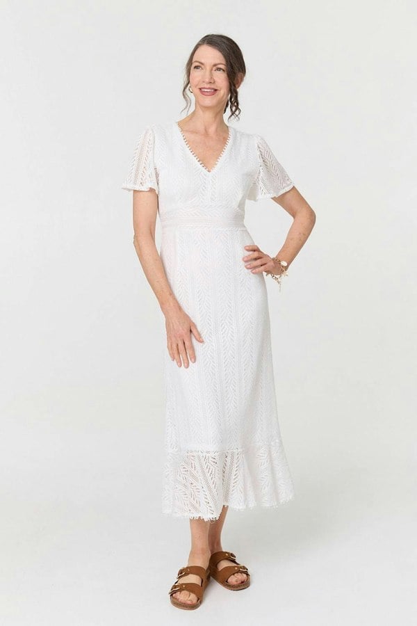 White | Lace Layered Short Sleeve Midi Dress
