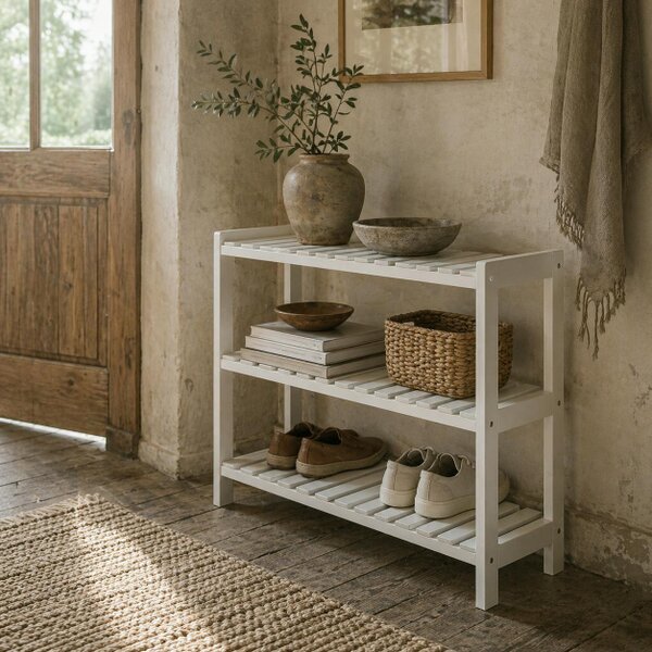 Wyld Haus Vafino Wooden White 3 Tier Slatted Shoe Rack With Slatted Shelves