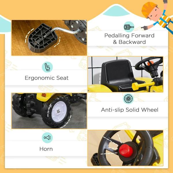 Yellow ride-on excavator go-kart showing ergonomic seat, solid wheels, and horn