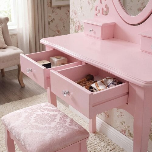 Kosy Koala Pink Heart Dressing Table Makeup Desk Vanity Set White Mirror Drawers Stool