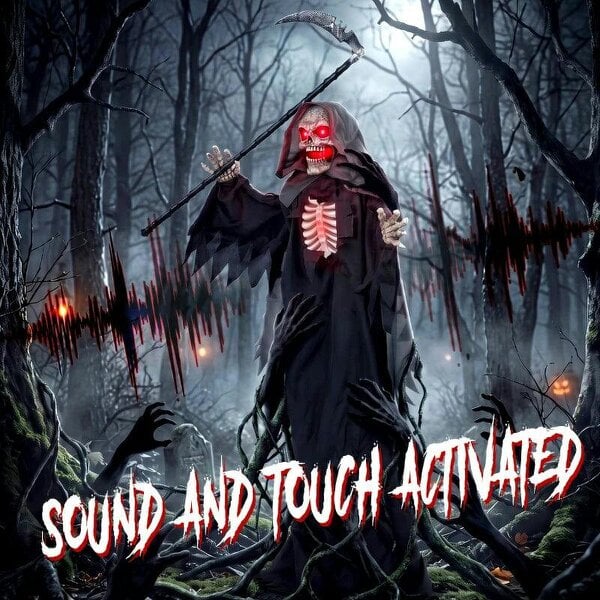 Bobobiy 170cm Life Size Animated Grim Reaper Halloween Decoration, Scary Halloween Animatronics Decor with Sound Touch Activated