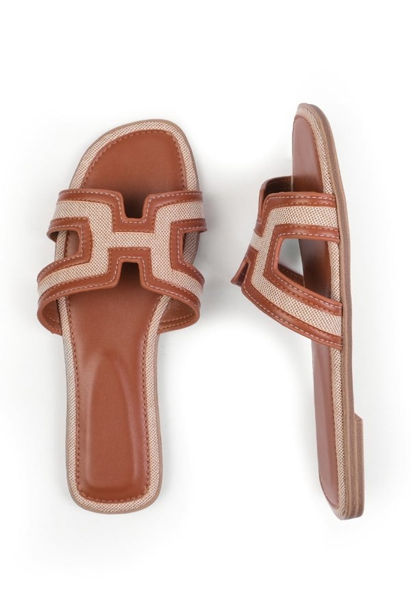 Where's That From Surge Cut Out Strap Flat Sandals in Tan Faux Leather