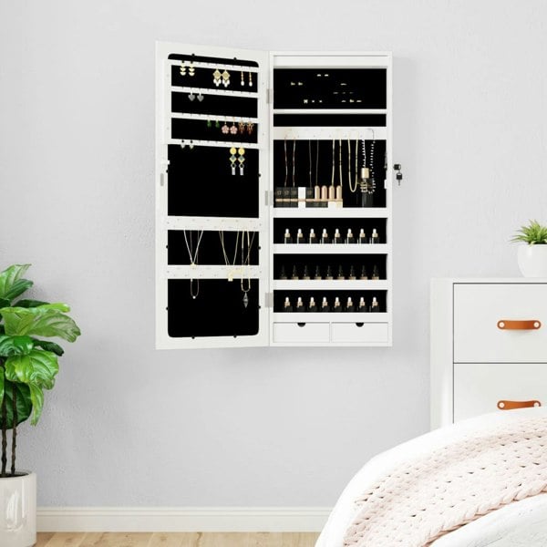 Berkfield Mirror Jewellery Cabinet with LED Lights Wall Mounted White