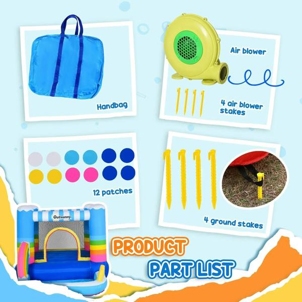 Inflatable bounce house accessory set: yellow air blower, blue carry bag, parts