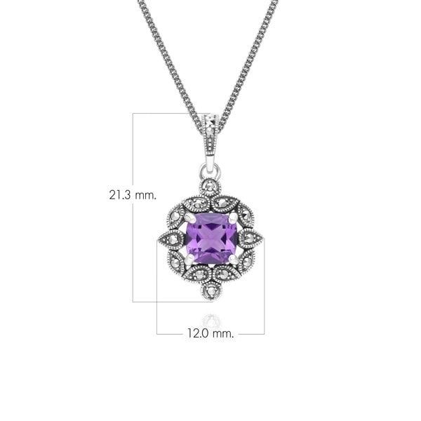 Gemondo Art Deco Style Cushion Amethyst & Marcasite Pendant Necklace in Sterling Silver