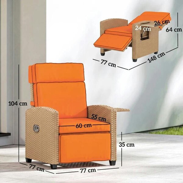 145° Reclining Rattan Armchair, with Footrest - Khaki/Orange