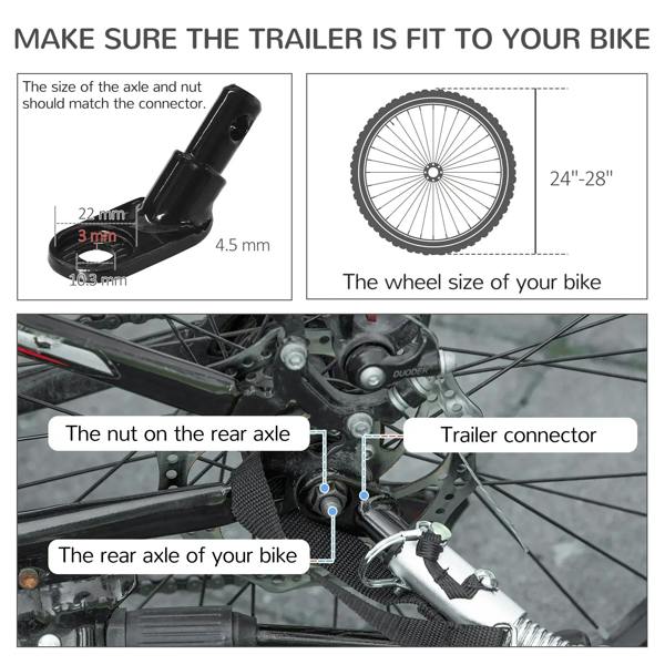 Black bike attachment hardware and wheel connector for a pet bike trailer system