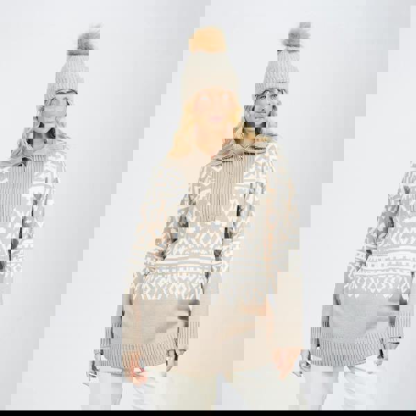 Brave Soul Stone Oversized Zip Neck Knitted Pattern Jumper - Stone Image 1