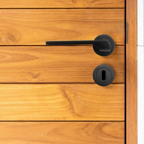 EDH Door Hardware Modern Matt Black Lever on Rose Plate Door Handle Set – 4Pairs, 52mm Round Rose Plate & 127mm Lever Handle