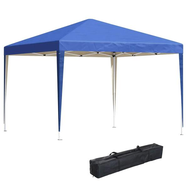 Blue pop-up gazebo canopy with steel legs and carrying bag on the ground