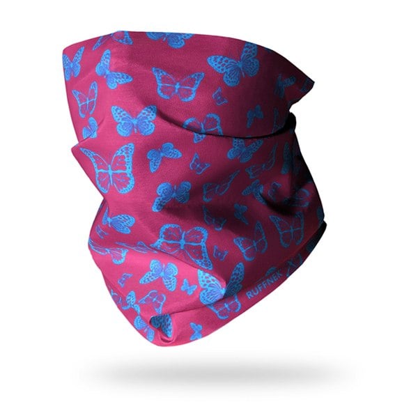 Dark Pink & Blue Butterfly Snood by RUFFNEK® – a lightweight, versatile neck gaiter featuring vibrant butterfly patterns, ideal for outdoor activities and casual wear.