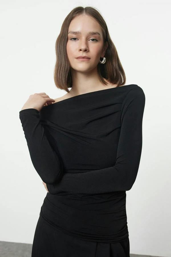 Hoxton Gal Draped/Gathered Detail Long-Sleeve Stretch Knit Fitted Blouse