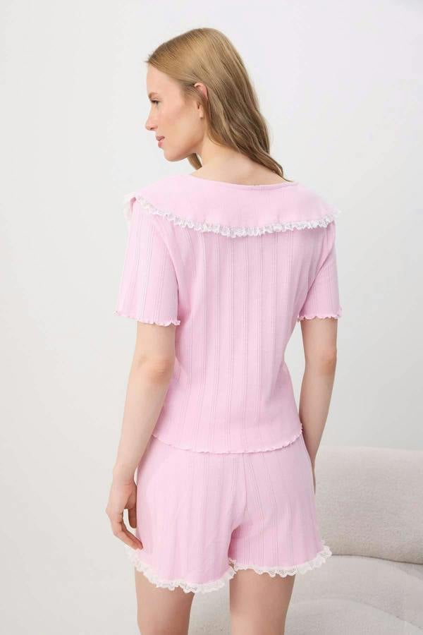 Collar Detail Ribbed Pointelle Short Pyjama Set