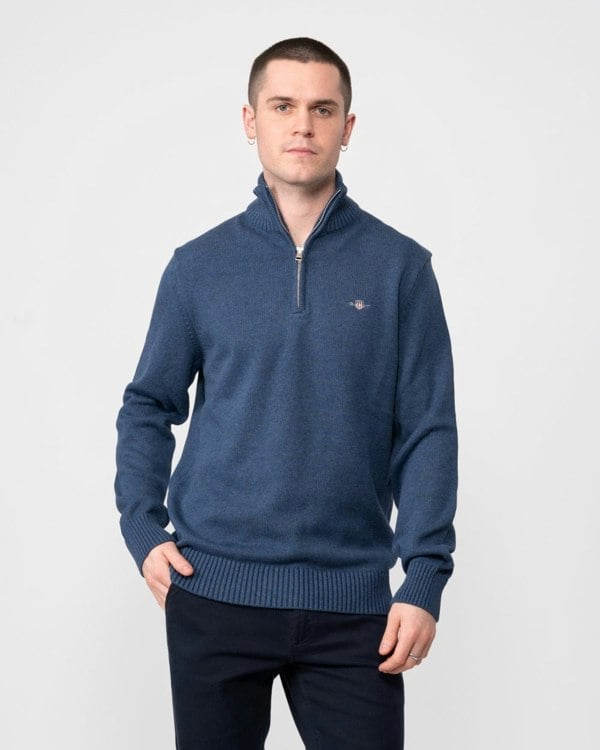GANT Mens Casual Cotton Half Zip Jumper - 902 Dark Jeansblue Melange