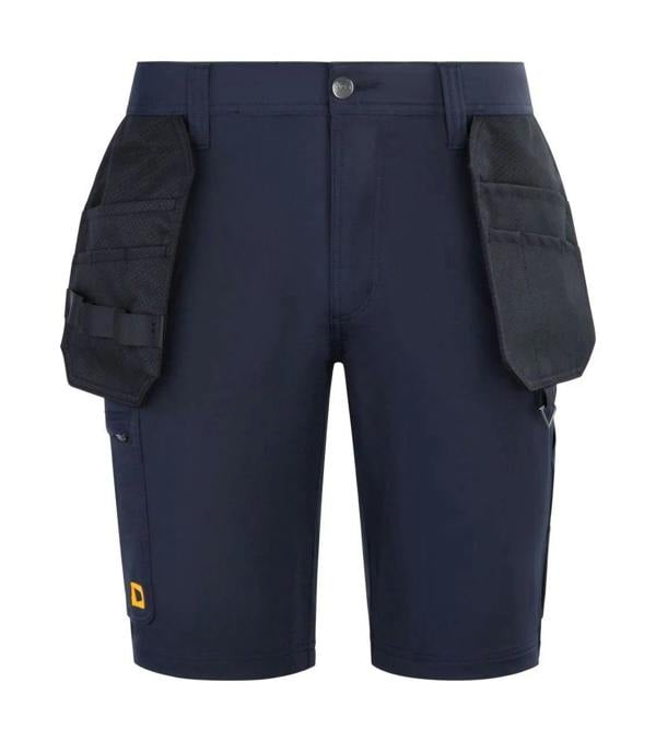 JCB 4-Way Stretch Mens Premium Holster Cargo Work Trade Shorts, navy blue work shorts with multiple pockets and black holsters on both sides.