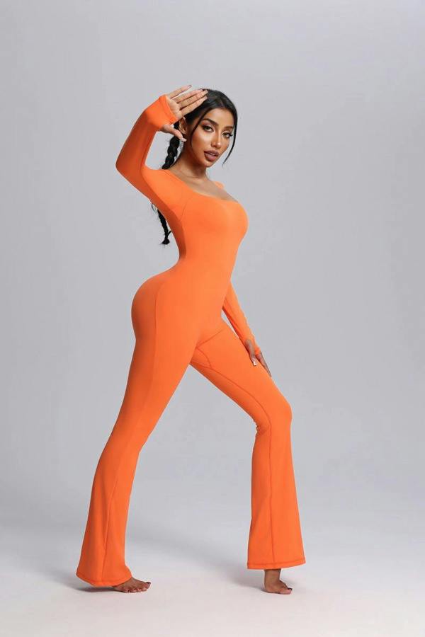 Anniou Square Neck Flared Yoga Jumpsuit - orange