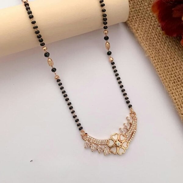 The Colourful Aura Indian Nazaria Rose Gold Fan Crown Zircon Mangalsutra Black Beads Necklace