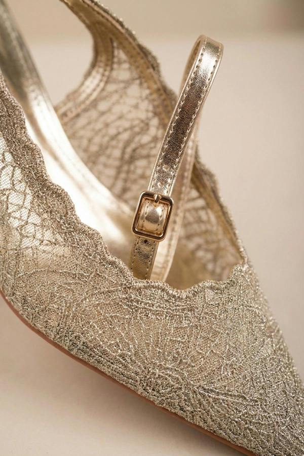 Saoirse Pointed Toe Lace Slingback Heels - Gold