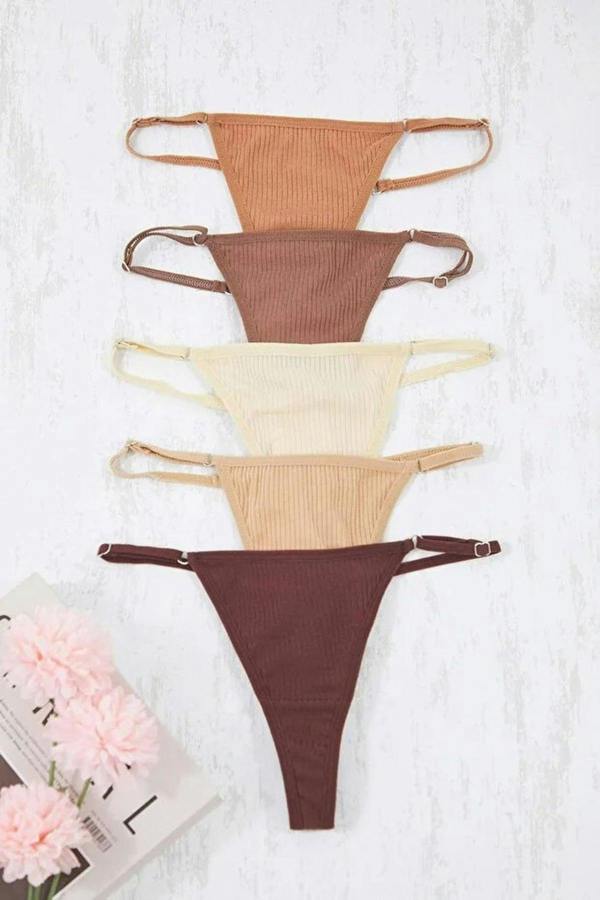 WOVCOR 5-Pack Adjustable Waist Ribbed Knit Thong Panties