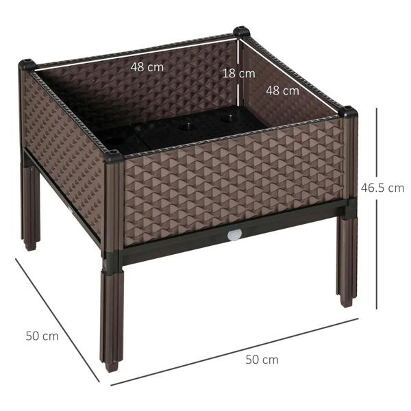 Brown raised planter box with textured pattern, black base, and drainage holes