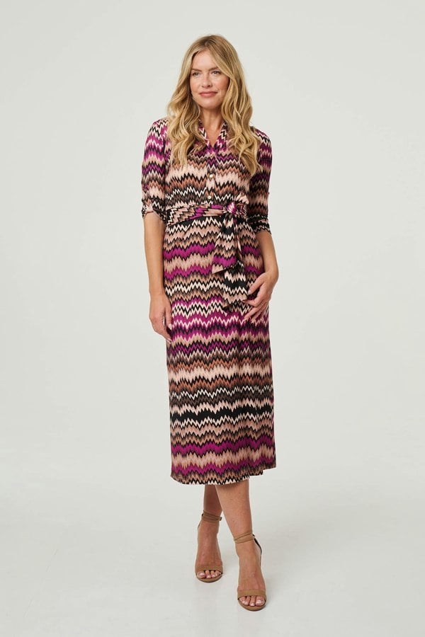 Purple | Chevron Print Tie Waist Midi Shirt Dress: Model is 5'10"/178 cm and wears UK8/EU36/US4/AUS8  
