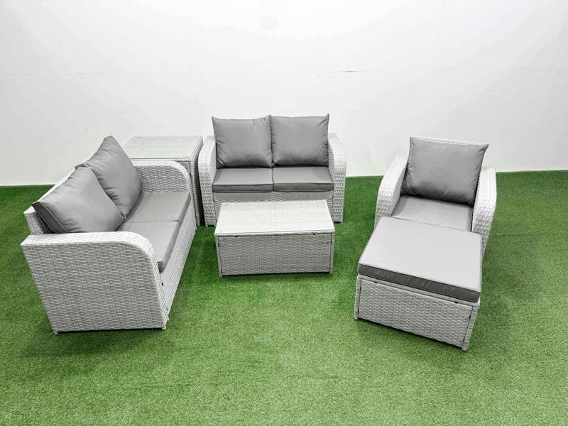 Fimous High Back Poly Rattan Garden Set, Reclining Loveseat Sofa, Coffee Table, Indoor Outdoor Patio, Big Stool and Side Table, Light Grey