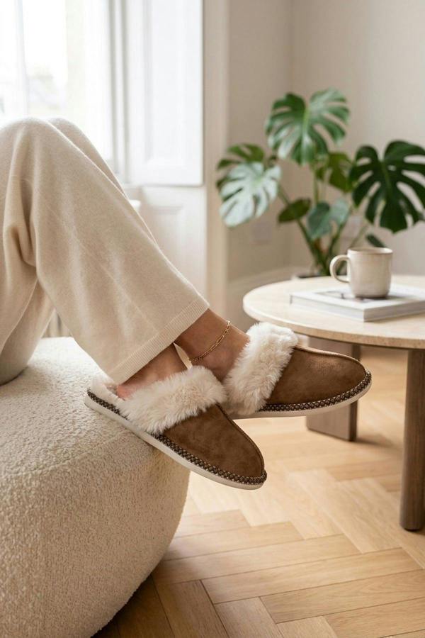 Constance Faux Suede Faux Fur Mule - Khaki