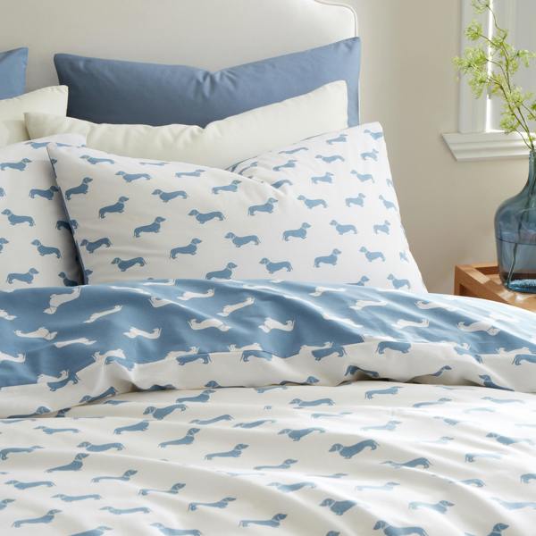 Emily Bond Peggy Dachshund Cotton Reversible Duvet Cover Set Cream / Blue