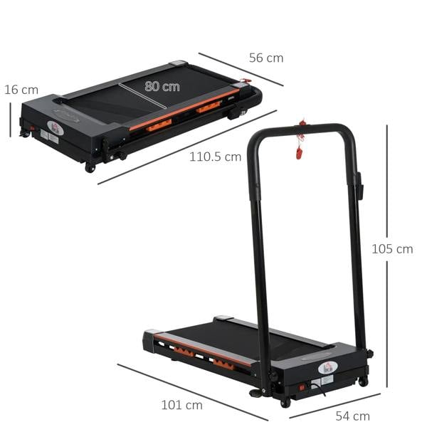 Black folding motorized treadmill with orange-striped deck and front wheels; overhead view.