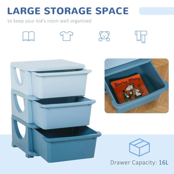 Blue 3-tier plastic storage unit with three drawers and top storage bin