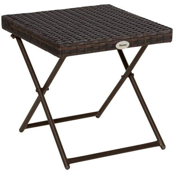 Brown folding rattan coffee table with woven top and X-frame legs