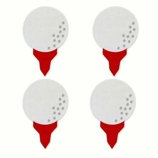 A set of four white linen cocktail napkins shaped like golf balls with grey dimples, each resting on an attached red linen tee silhouette against a plain white background.