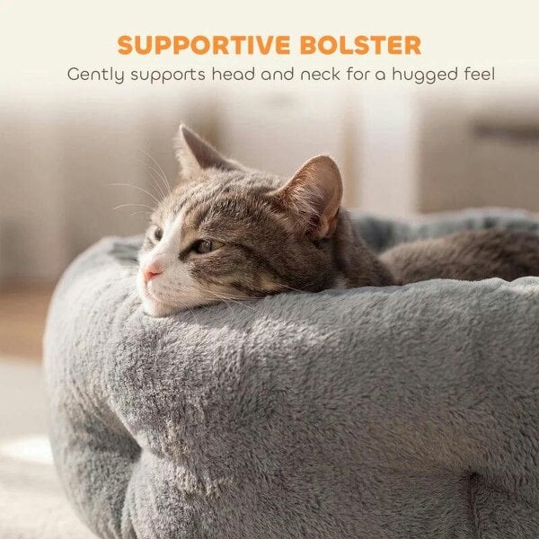 Cat Bed, Reversible Dog Pet Bed for Indoor Cats and Small Dogs, Round Bed with Supportive Bolster, Dark Grey
