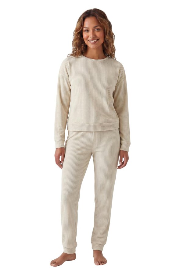 Camille Womens Ribbed Jacquard Velvet Fleece Pyjama Set - Cream