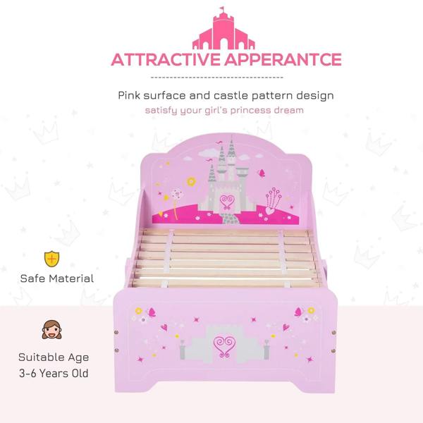 Pink kids princess castle bed frame with castle-pattern headboard and slatted mattress support