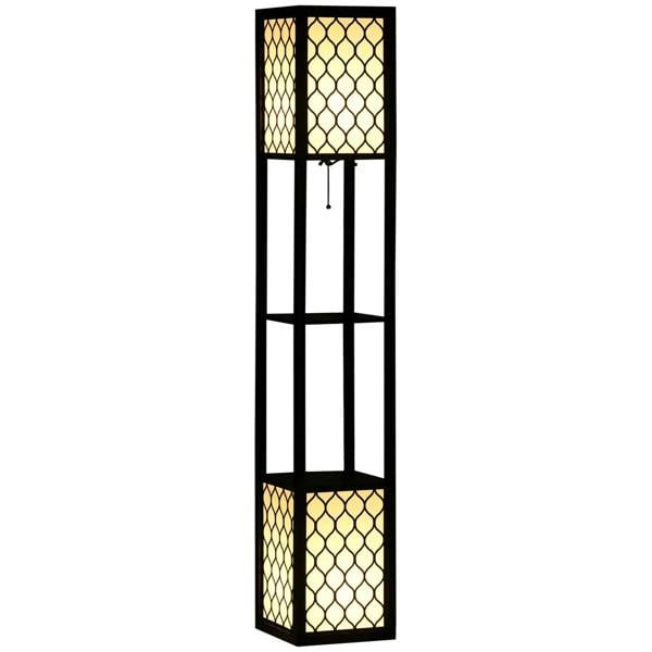 Black tall floor lamp with open shelves and lattice fabric-style panels, chain switch.