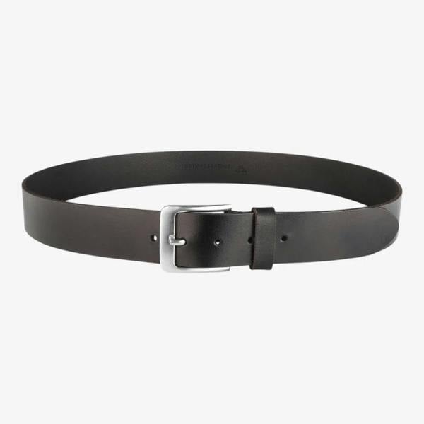 Full width view of Black leather belt on a white background
