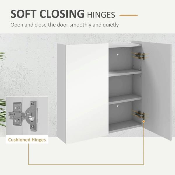 Bathroom mirror cabinet interior with soft-closing hinges and open double door