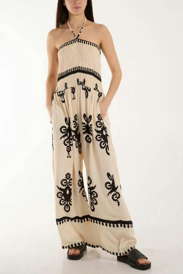Hoxton Gal Oversized Tie Neck Printed Jumpsuit in Beige and Black