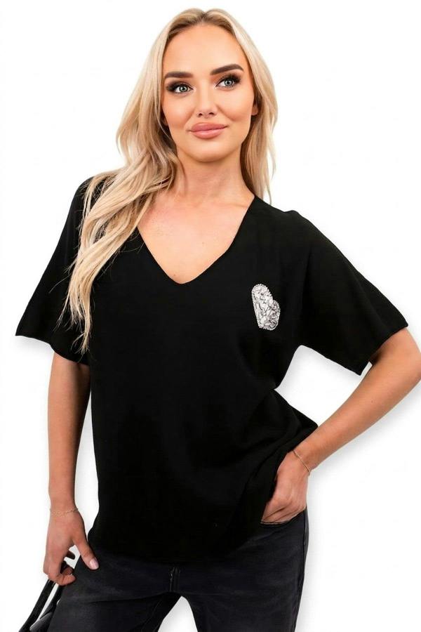 Della Short Sleeve V-neck Oversized Rhinestone Heart Detail Top - Black_wb