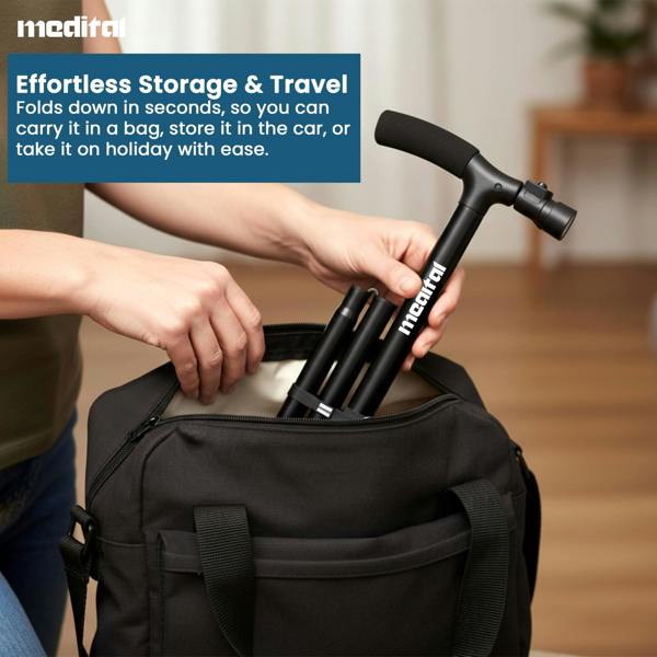 MEDITAL Folding Walking Stick with LED Light 84.5 - 94.5cm Adjustable Walking Cane - Foldable Walking Stick with Extra Wide Pivoting Base