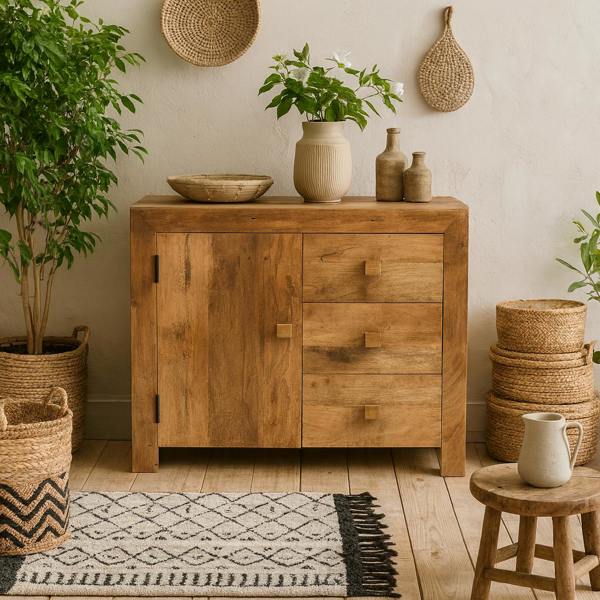 Wyld Haus Manila Light Mango Wood 3 Drawer Sideboard 1 Door
