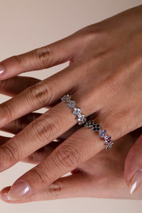 SVNX Diamante Clover Ring in Multi Silver Colour