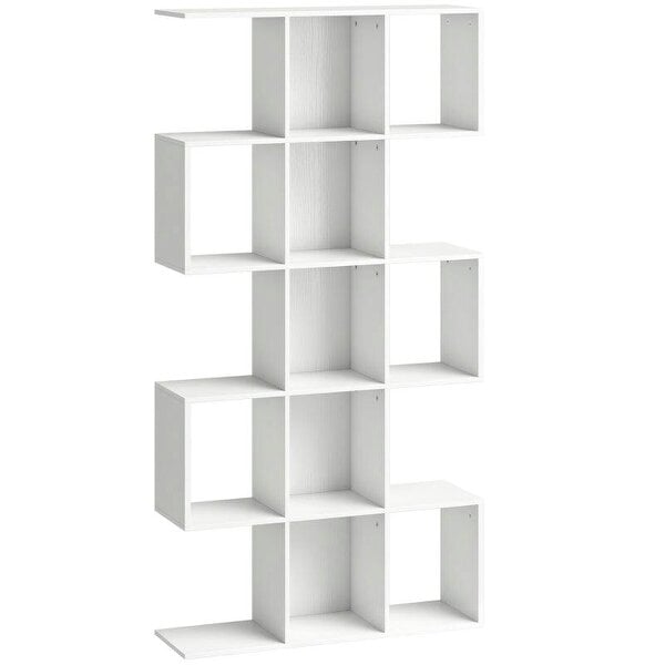 5-Tier Bookshelf, S Shaped Geometric Bookcase with 15 Compartments, White Wood Effect