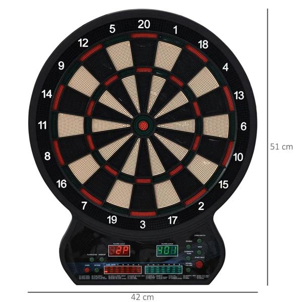 Electronic dartboard with LED scoreboard, numbered segments, and black outer frame