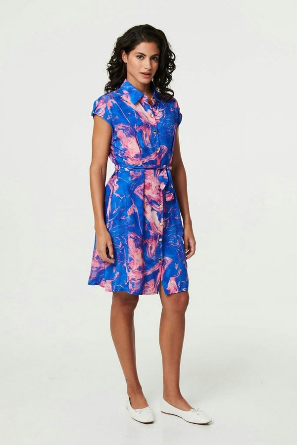 Blue | Marble Print Knee Length Shirt Dress

