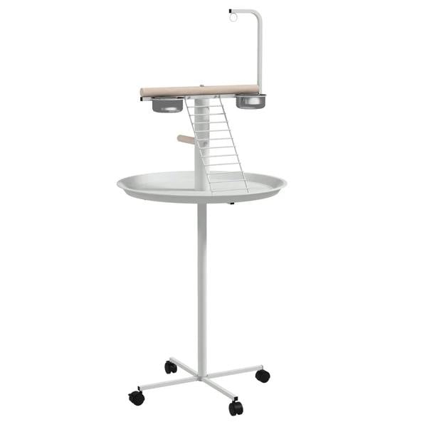 White bird feeding stand with round tray, two bowls, perch ladder, and four wheels