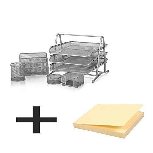 KAV MESH Office Set of 5 Pices 3 Tier/Layers/Trays Letter/Filing/Paper Tray, Letter Shelf, Pencil-Cup, MEMO Holder & Doodad Cup + 100 Sticky Notes