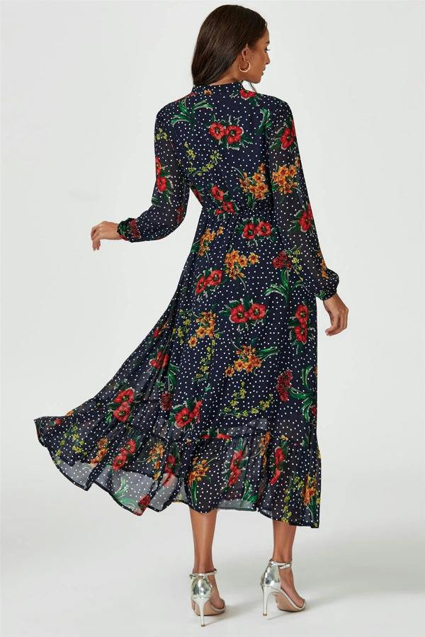 FS Collection Floral Dot Print Maxi Dress In Navy