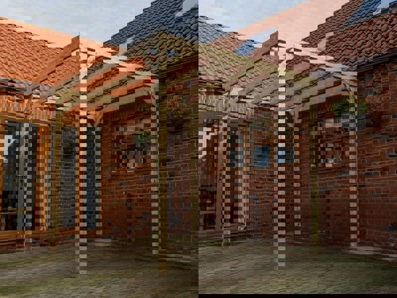 Box-style wooden garden pergola kit made from high quality timber, featuring straight square posts and beams with a clean, modern open frame design for gardens, patios, and outdoor seating areas.